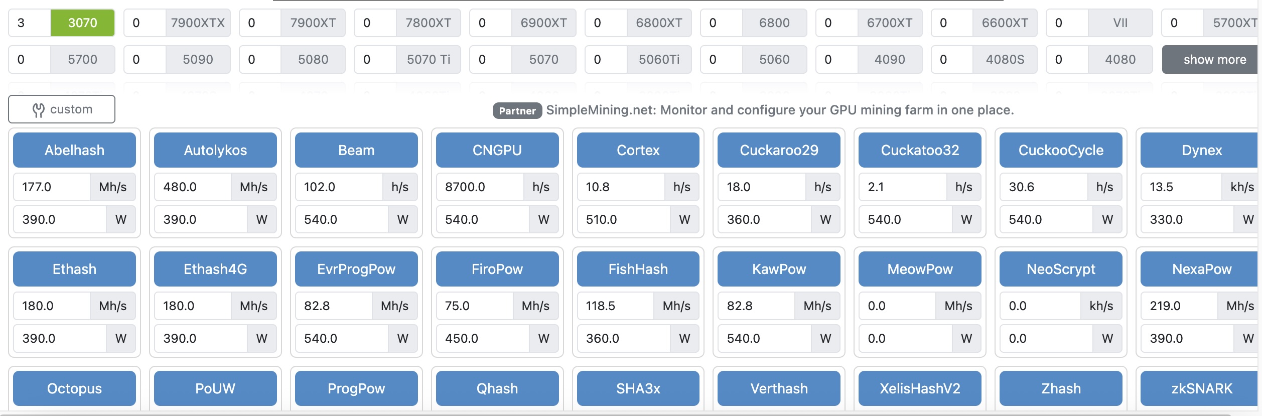 Screenshot of WhatToMine GPU calculator showing fields for a 3×RTX 3070 configuration across multiple algorithms.
