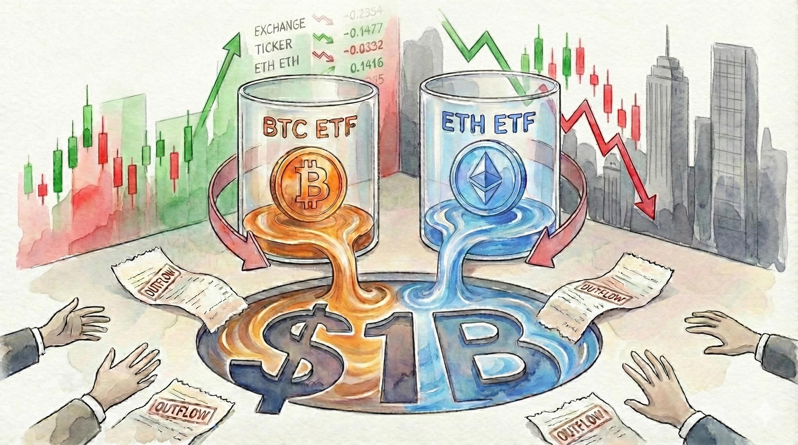 U.S. bitcoin and ether ETFs together post almost $1B outflows
