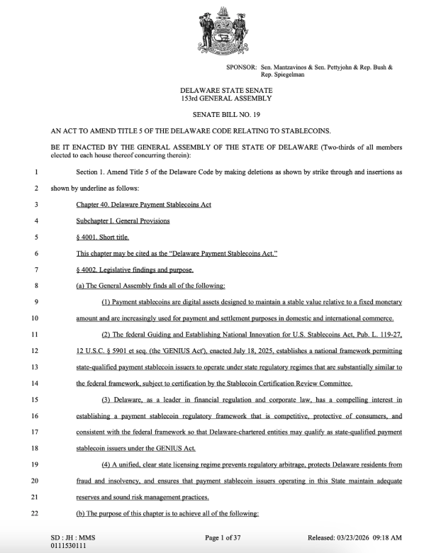 Delaware Bills Update Banking Law, License Stablecoin Issuers - GNcrypto