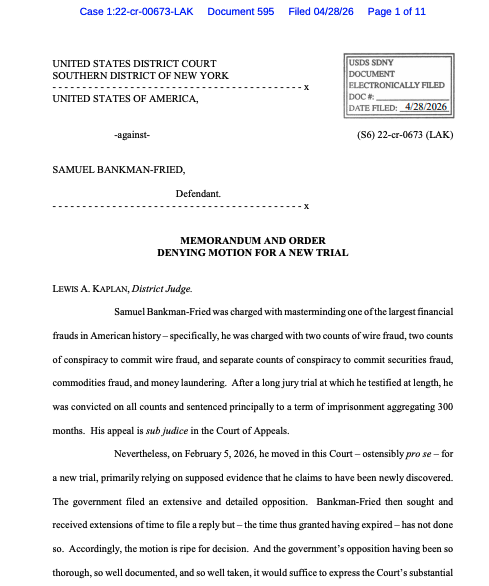 Judge Kaplan rejects SBF's new trial motion, calls evidence baseless - GNcrypto