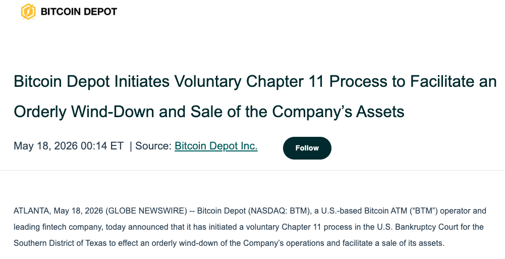 Bitcoin Depot files Chapter 11, shuts 9,000 ATMs - GNcrypto