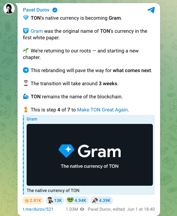 TON to rebrand as Gram; no token swap after Telegram takeover - GNcrypto